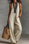 Women’s Linen Blend Sleeveless V-Neck Wide Leg Jumpsuit