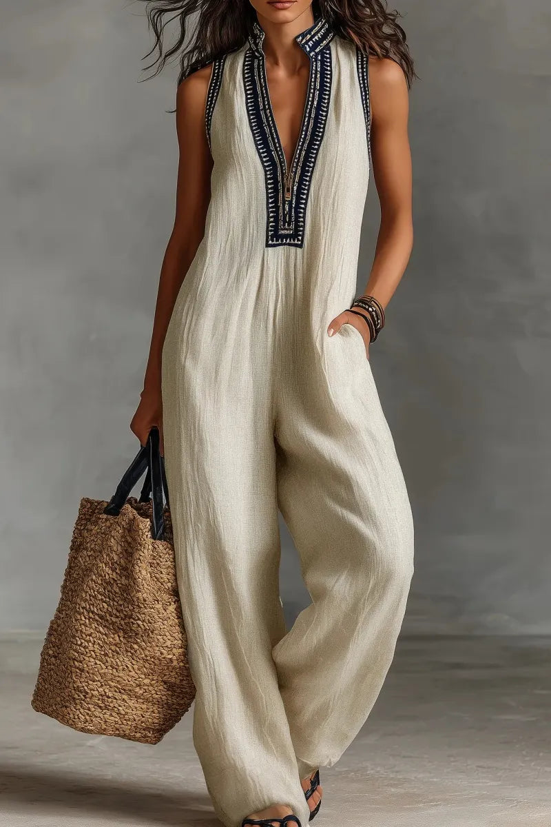 Women’s Linen Blend Sleeveless V-Neck Wide Leg Jumpsuit