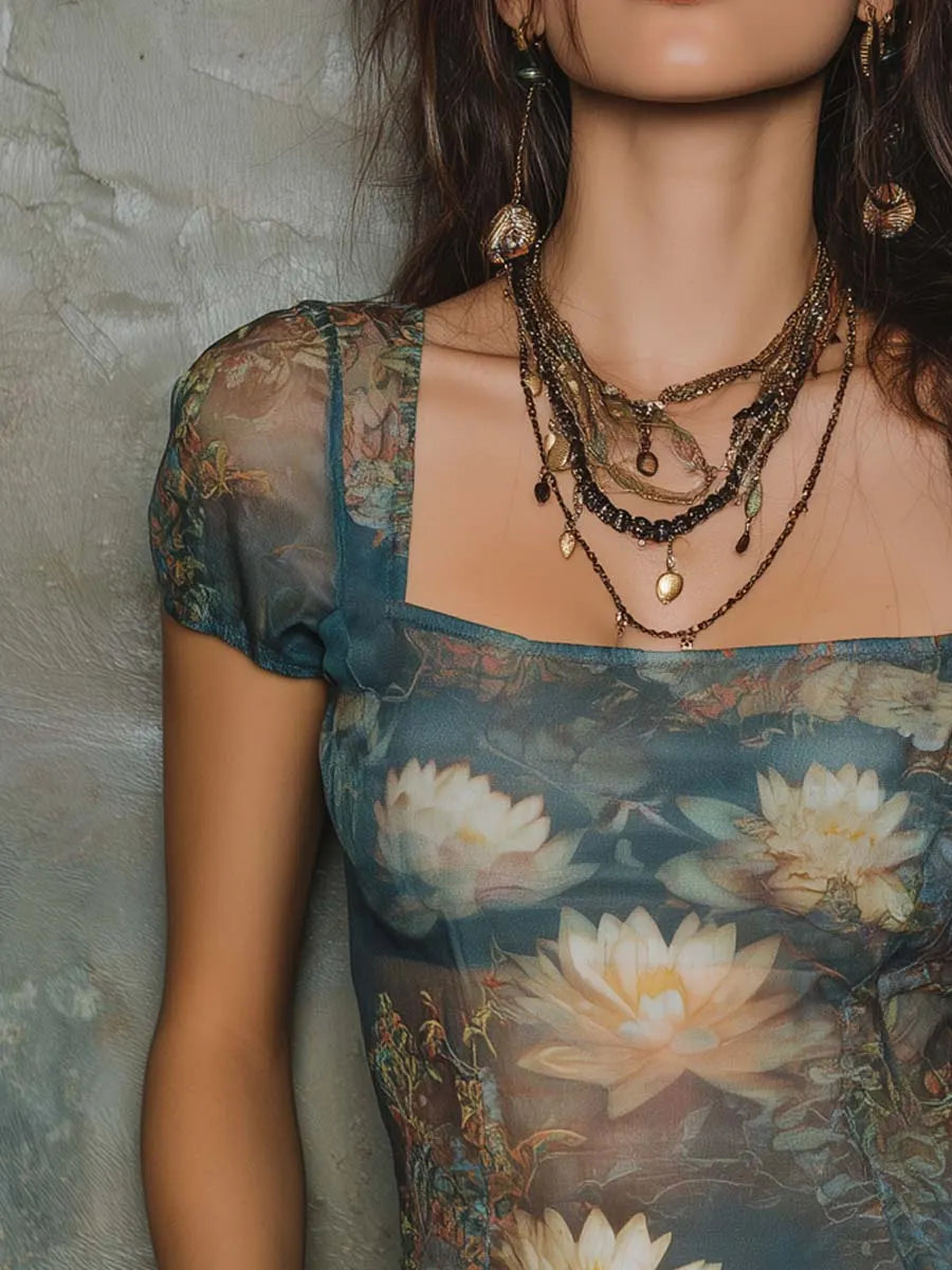 Retro Square-Neck Water Lily Print Mesh T-Shirt