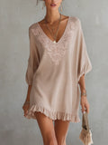 Vintage Embroidered Blush Pink Knit Mini Dress With Ruffle Hem
