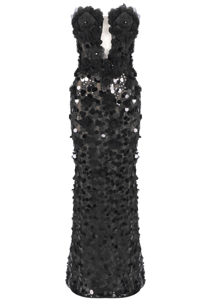 Strapless Sequin Floral Maxi Dress Black