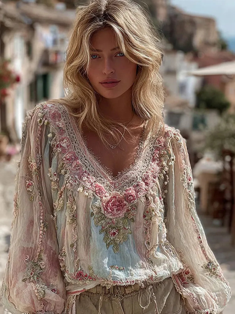 Women's Vintage Floral Stitching V-neck Shirt