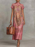 Loose Short Sleeves Contrast Color Flower Print Mock Neck Maxi Dresses
