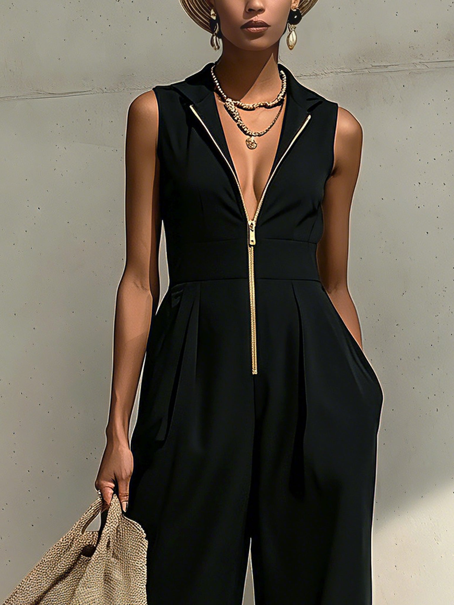 Black  Half Zip Gold Embroidered Jumpsuit
