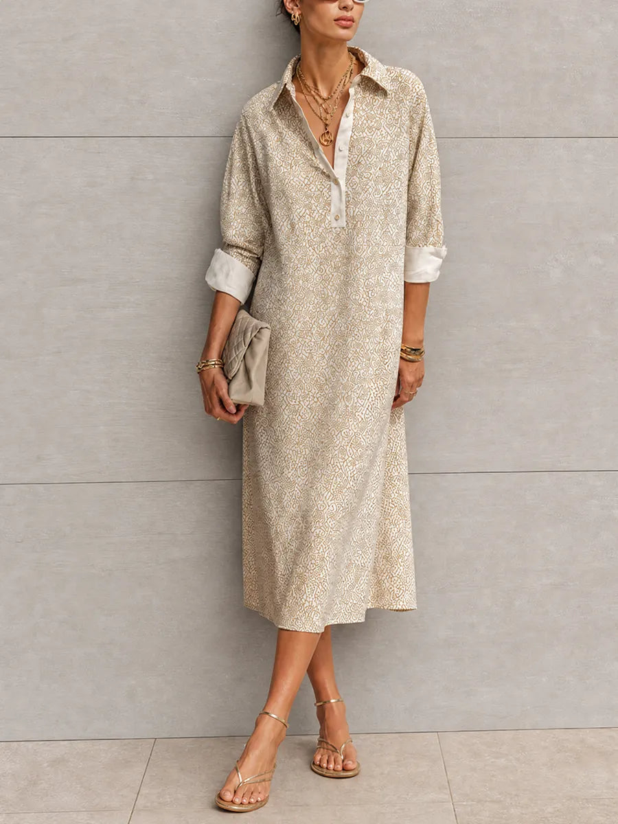 Women's Simple Casual Beige Cotton Blend Geometric Print Collar Three-Quarter Sleeve Loose Mid-Length Shirt Dress MDZ0219G5GMJ