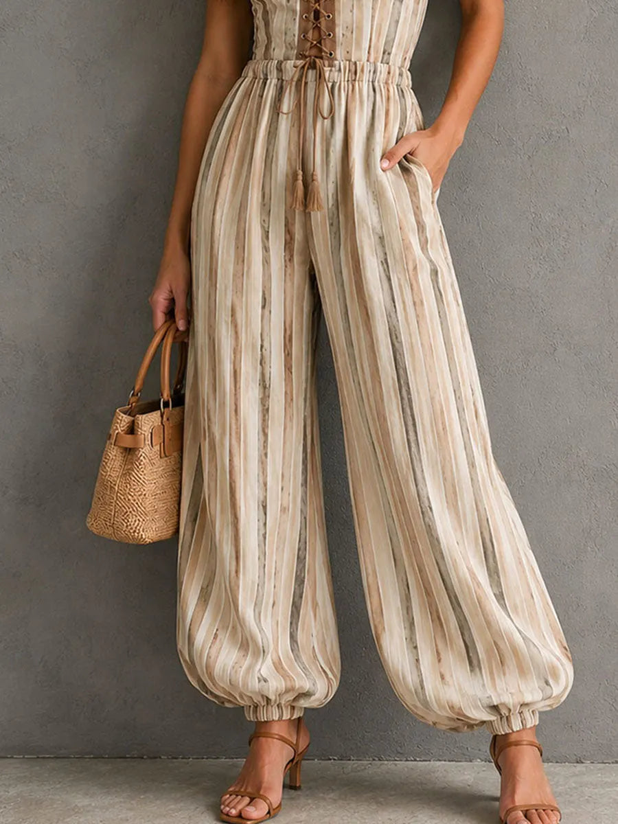 Boho Chic Striped Lace-Up Corset Jumpsuit With Balloon Leg