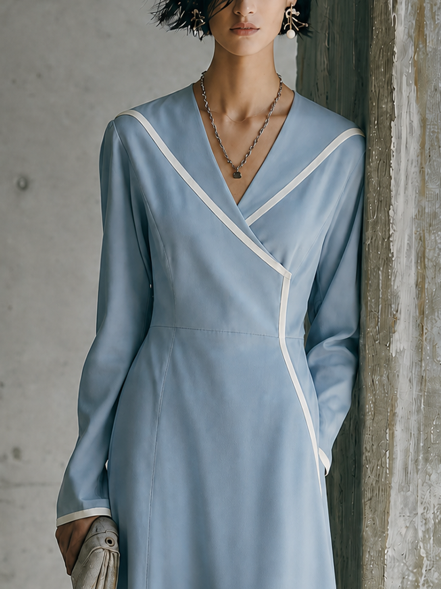Women's Casual Commuting Light Blue Cotton Blend Wrap V Neck Contrast Trim Waisted Long Sleeve Midi Dress MDZ1528G0GMJ