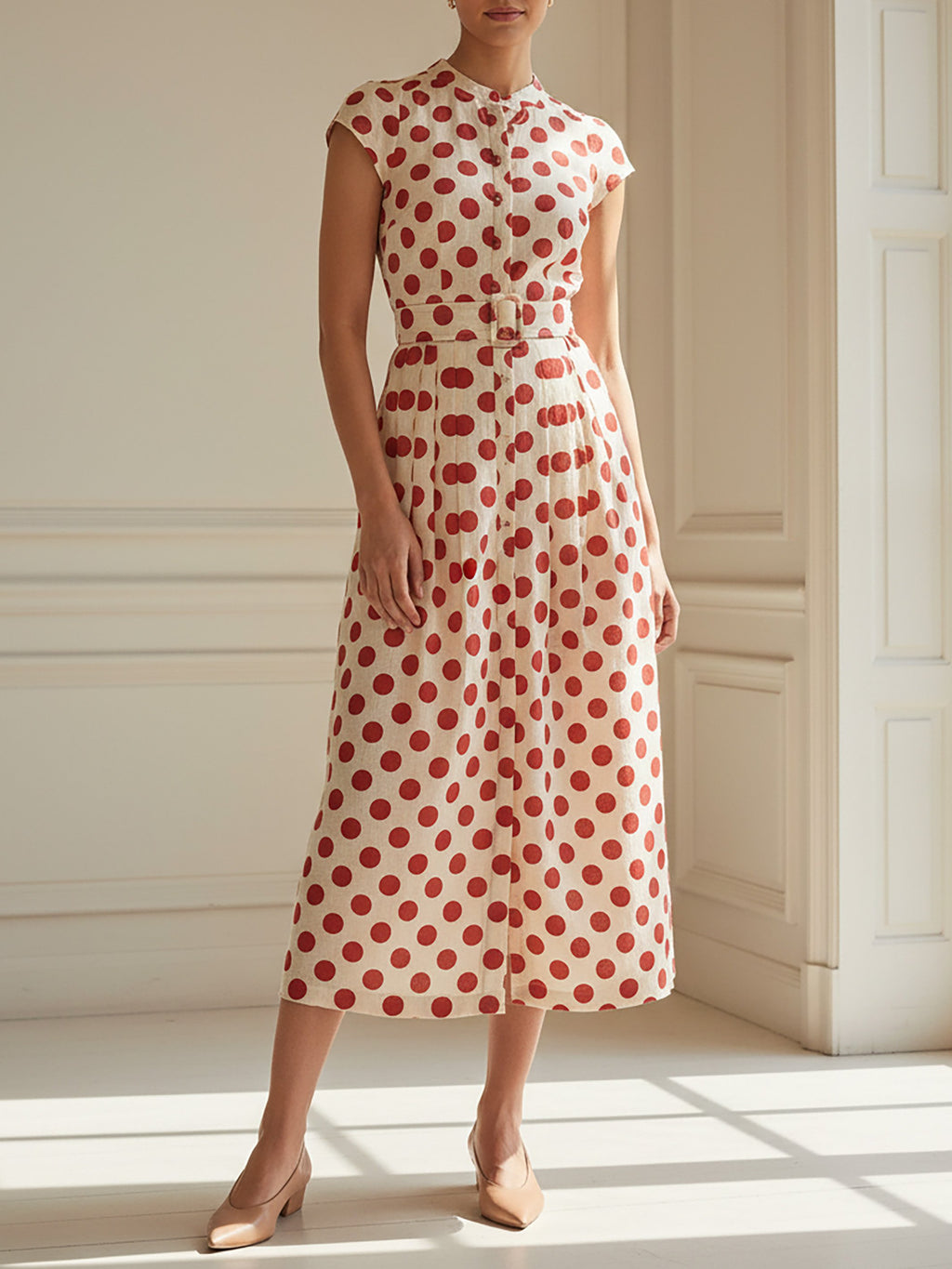 Midi Cotton Dress, Short Sleeves, Stand Collar, Polka Dots, Belt Design, French Vintage, Red