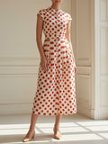 Midi Cotton Dress, Short Sleeves, Stand Collar, Polka Dots, Belt Design, French Vintage, Red