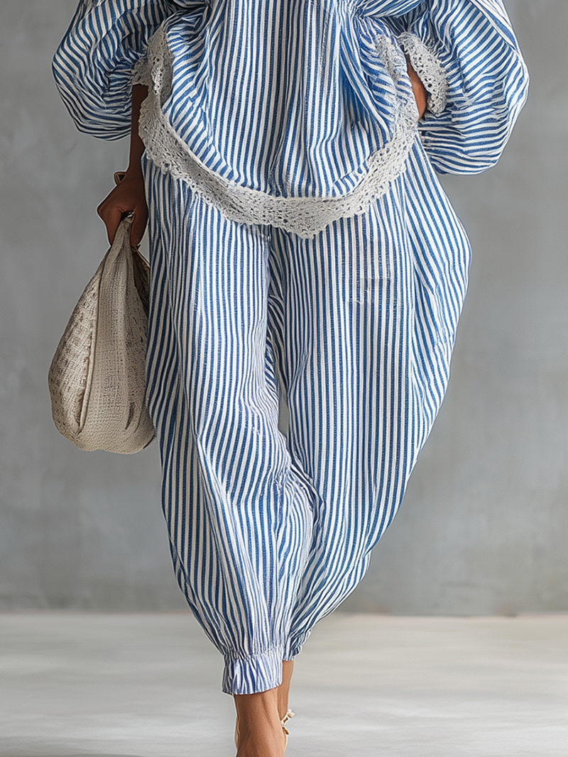 Blue Striped Lace-trimmed Loose Two-piece Set