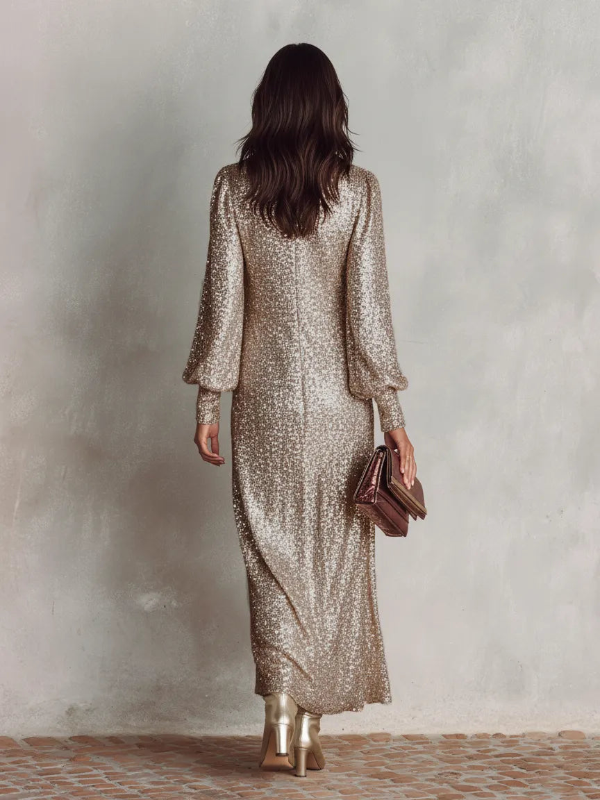 Women's Minimalist Loose Shimmering V-neck Maxi Party Dress MDA1819I0Y