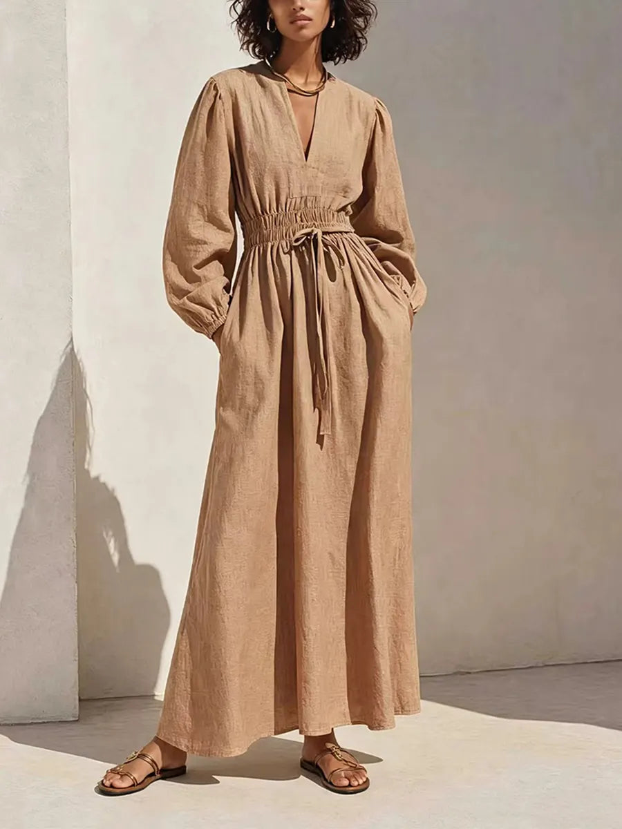 Women's Resort-Style Caramel V-Neck Bishop-Sleeve Drawstring Belted Cinched-Waist Linen Maxi Dress MDZ1378G7CMX