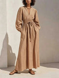 Women's Resort-Style Caramel V-Neck Bishop-Sleeve Drawstring Belted Cinched-Waist Linen Maxi Dress MDZ1378G7CMX