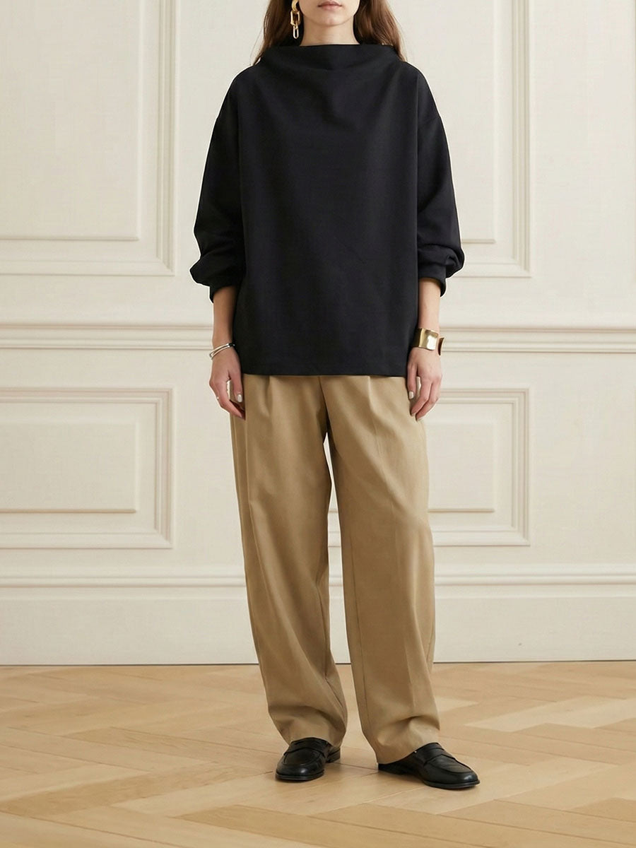 Long Sleeves Loose Solid Color High-neck Sweatershirt