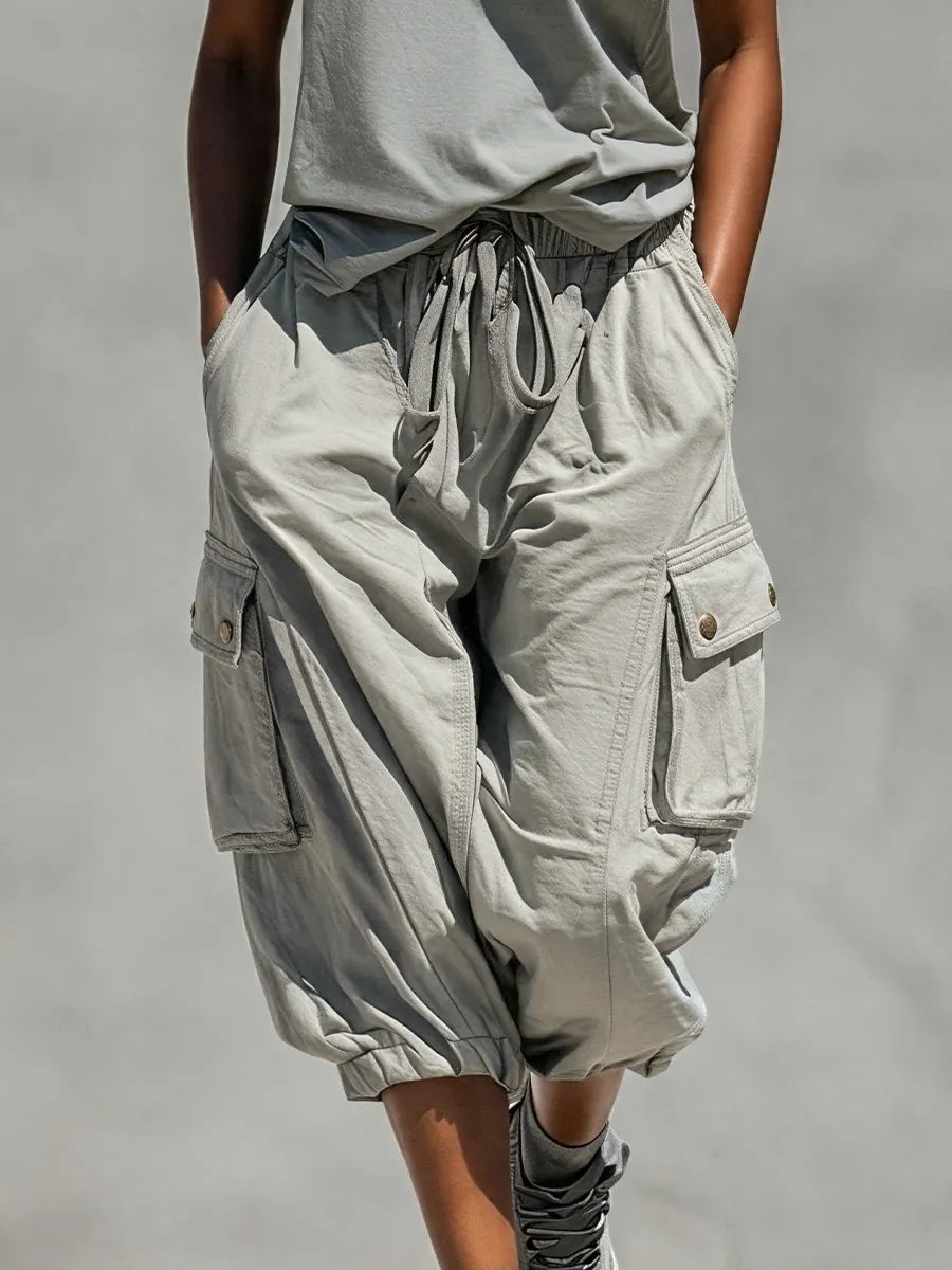 Women’s Grey Sleeveless Tank Top & Cargo Jogger Shorts Two-Piece Set MDZ0853E1T