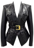 Long Sleeve Belt Faux Leather Jacket Black