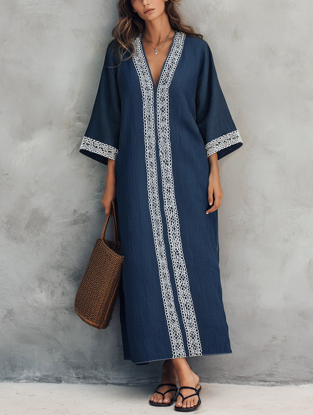 Women's Casual Navy Blue Cotton-Linen V-Neck Maxi Dress With Three-Quarter Sleeves MDZ2332G1LXY