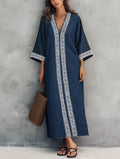 Women's Casual Navy Blue Cotton-Linen V-Neck Maxi Dress With Three-Quarter Sleeves MDZ2332G1LXY