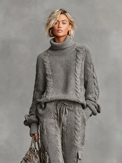 Women's Casual Cable Knit Turtleneck Sweater Cargo Pants Set MDA0958I2Y