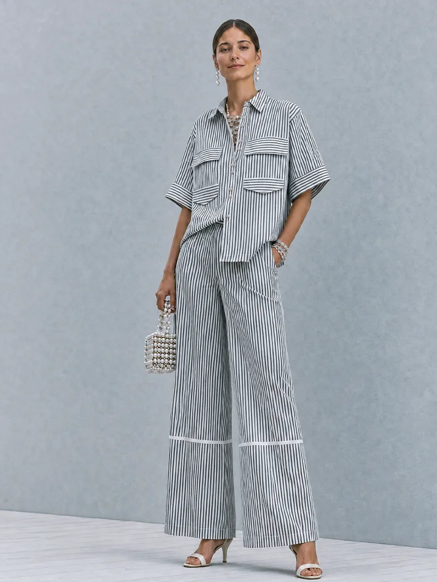 Women's Commuter Casual Black And White Vertical Stripe Cotton Blend Lapel Patch Pocket Wide Leg Trousers Two Piece Set MDZ0902G5GMJ
