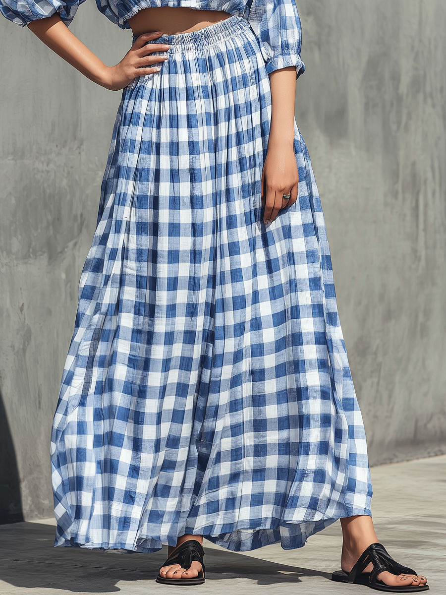 Women’s Blue White Gingham Plaid Lapel Collar Puff Half Sleeve Cropped Shirt & Elastic High Waist Flowy Maxi Skirt Two Piece Matching Set MDZ3010F9T