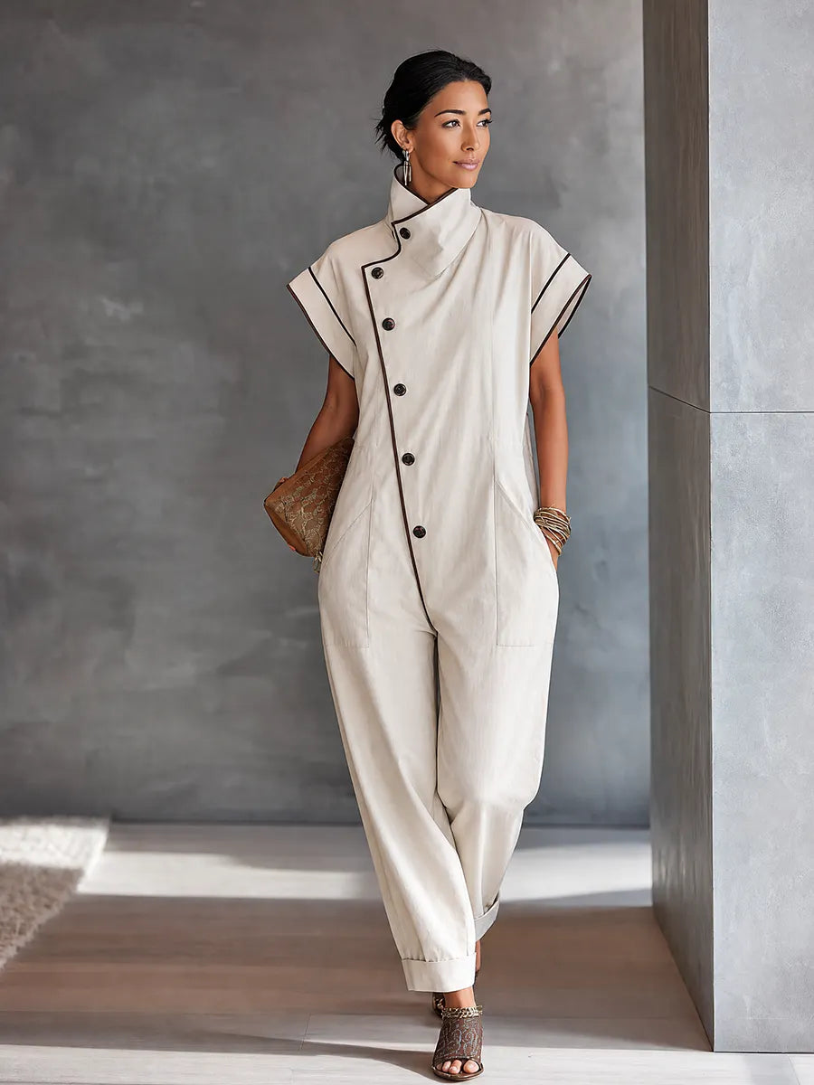 Women's Minimal Workwear Off White Cotton Blend Asymmetric Stand Collar Contrast Binding Full Length Jumpsuit MDZ1582G3GMJ