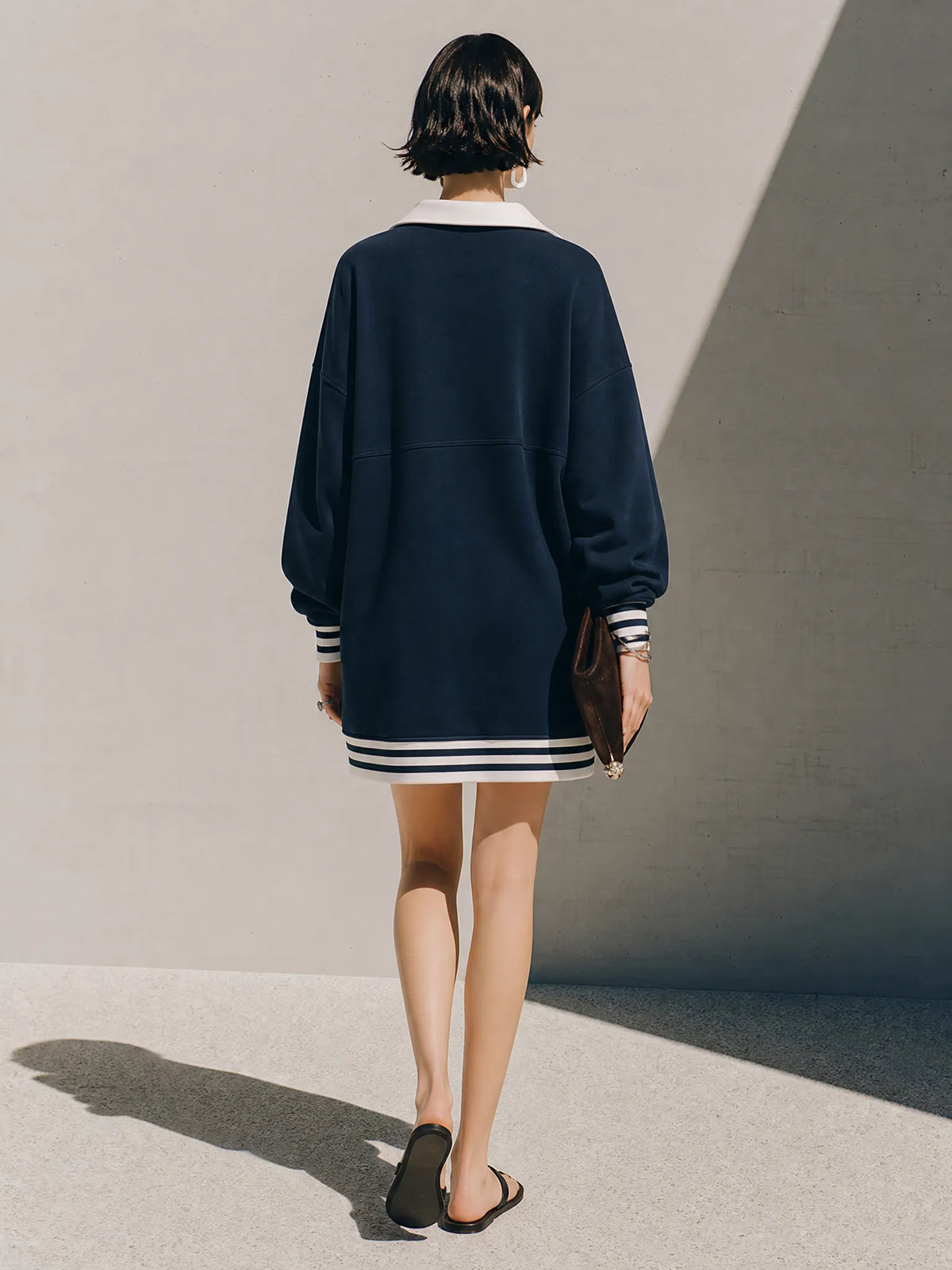 Women's Navy Contrast Collar Half-Zip Striped Cuff Sweatshirt Mini Dress MDZ2065G7ZRK