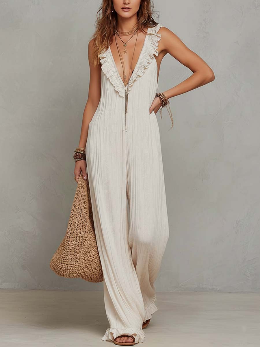Lightweight Bohemian-style Pleated Chiffon Sleeveless Jumpsuit