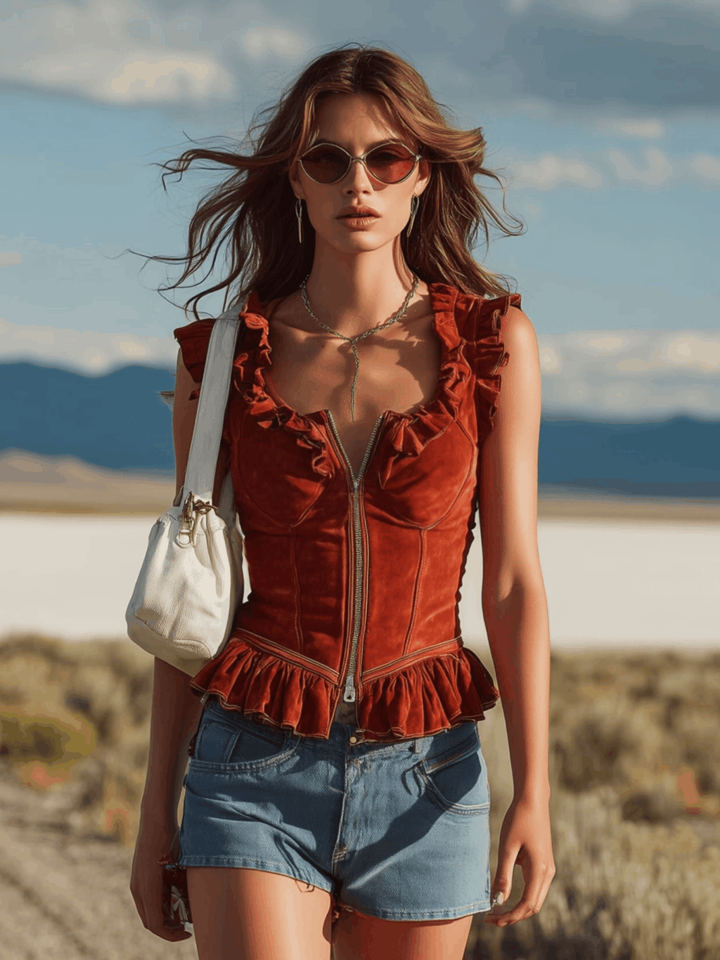 Bohemian Western Retro Red Faux Suede Ruffled Sleeveless Shirt