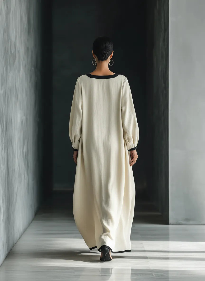 Women's Beige Cotton And Linen Blend Square-Neck Maxi Dress With Black Trim & Oversized Pockets MDZ1507A0T
