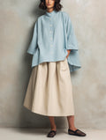Women's Casual Light Blue Cotton-linen Long-sleeve Shirt Paired With A Khaki Cotton-linen Skirt MDZ2615F7LXY