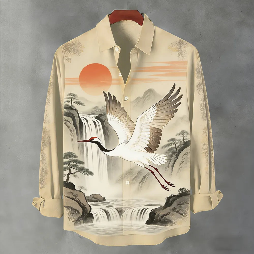Men's Landscape Flying Crane Mandarin Collar Printed Long Sleeve Shirt