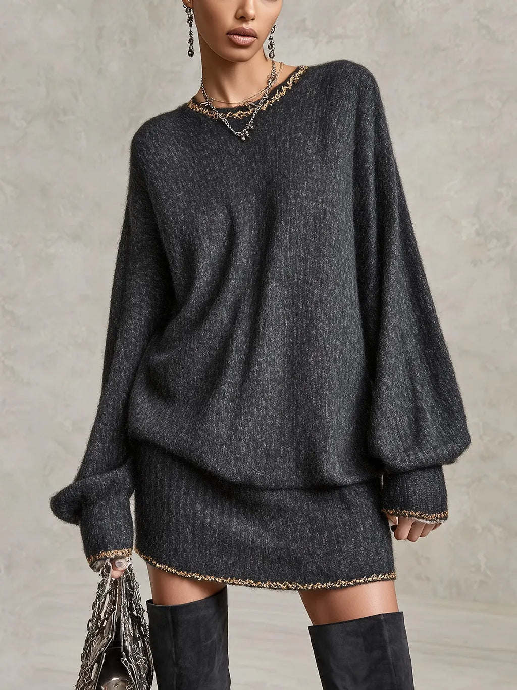 Oversized Gray Metallic Trim Knit Mini Dress