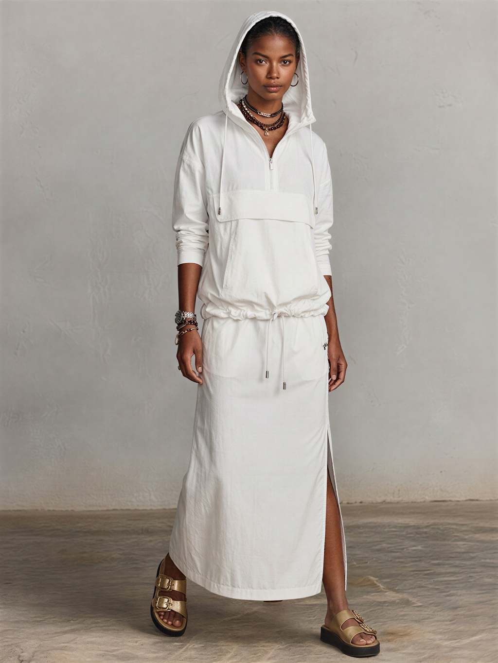 Women's Ivory Lightweight Cotton Matching Outfit With Adjustable Waist Hooded Pullover & High Side Slit Midi Skirt, Versatile Streetwear Two Piece Set MDZ2282G9LYL