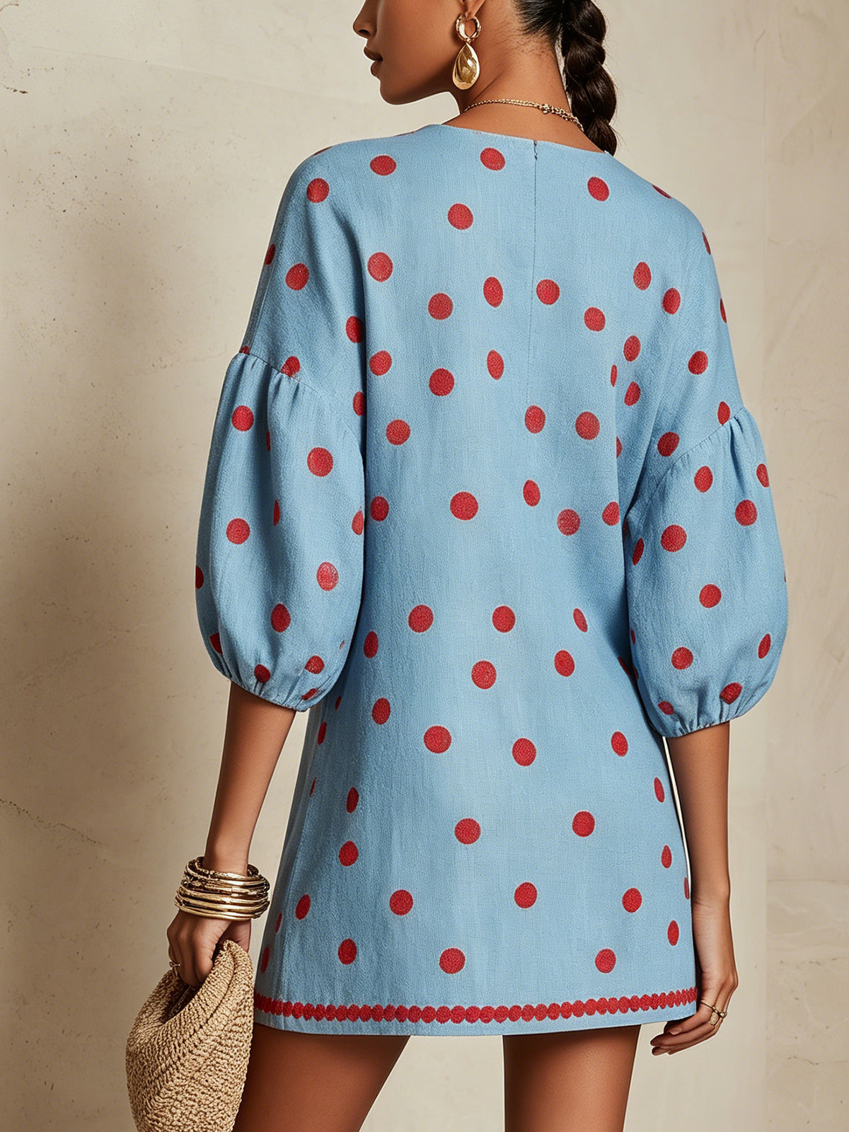 Sky Blue Mini Dress With Red Polka Dots And Puff Sleeves