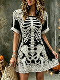 Women's Vintage Halloween Rose And Human Skeleton Art Crew Neck Short Sleeve Mini Dress