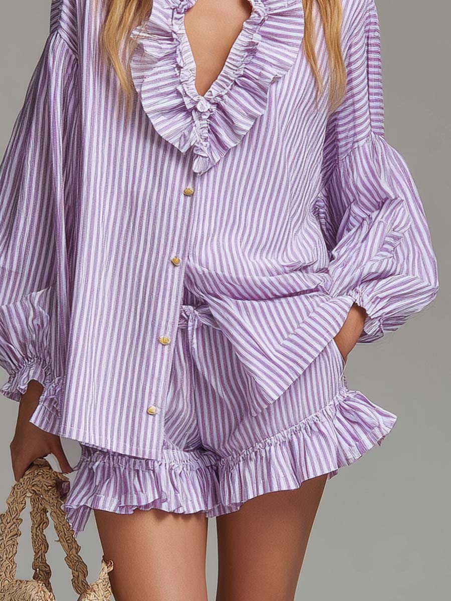 Retro Bohemian Resort Ruffled V-Neck Purple Striped Shirt And Shorts Set