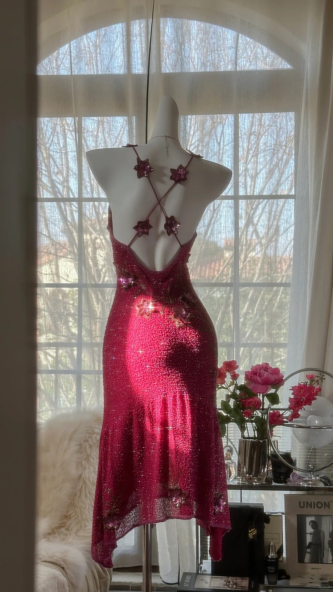 Pink Gorgeous Elegant Romantic Exquisite Beaded Sequin Midi/Short Chiffon Ball Gown Evening Dress Birthday/Wedding Guest Party Dress Prom Dress 4019
