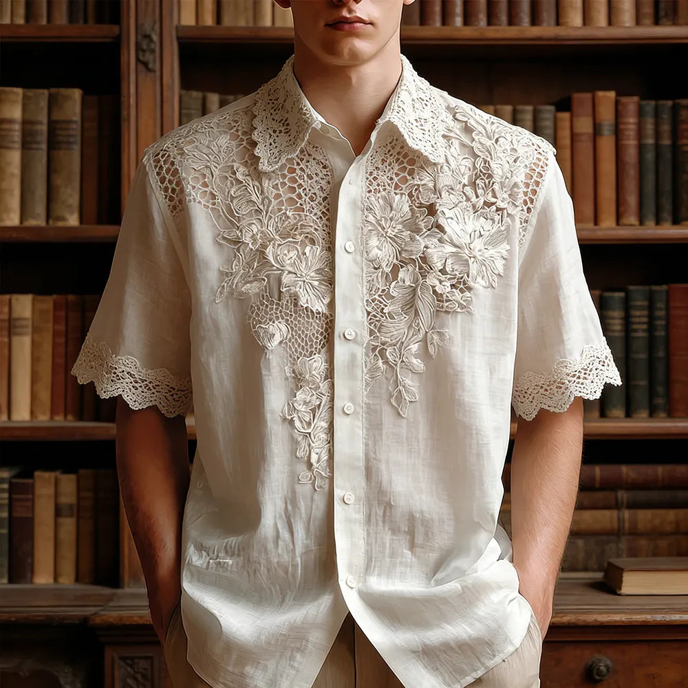 Men's Vintage Floral Lace Embroidered Linen Shirt