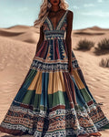 Women's Boho Geometry Art Color Block Sleeveless Maxi Dress
