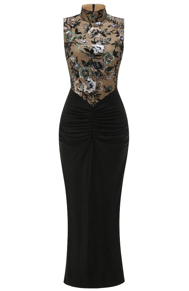 Floral Embroidered Maxi Dress Black