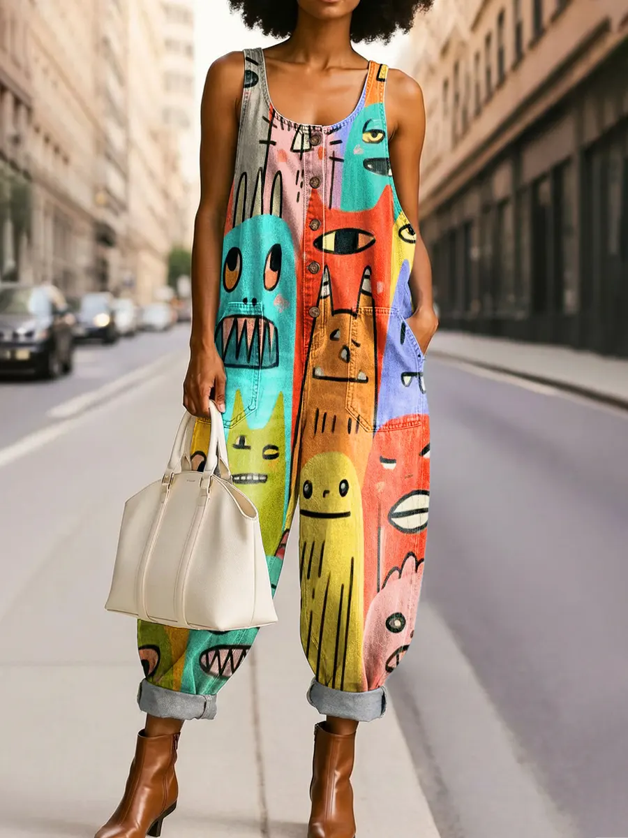 Women's Colorful Abstract Art Print Casual Jumpsuit