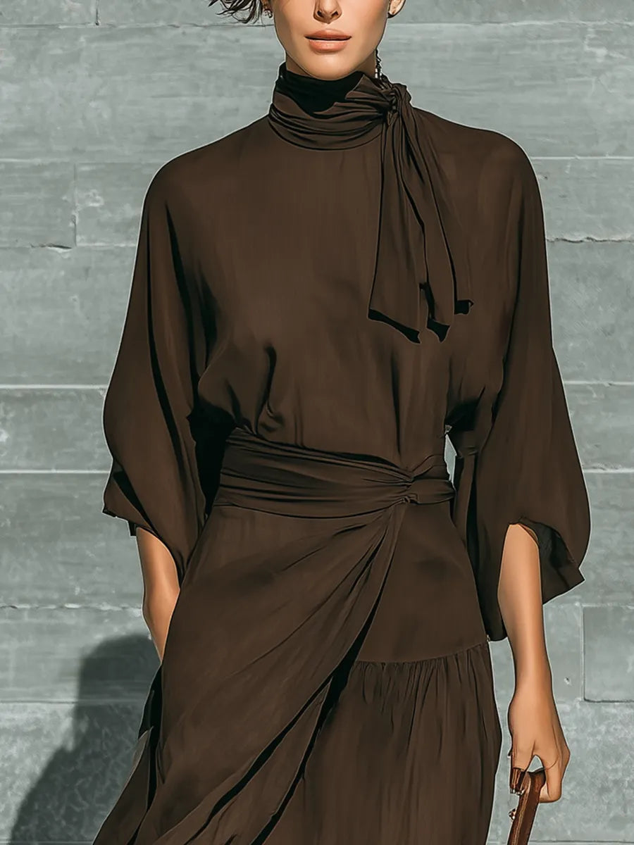Women's Dark Brown Matte Satin Tie-Neck Three-Quarter Sleeve Dress MDZ0716G2YZJ
