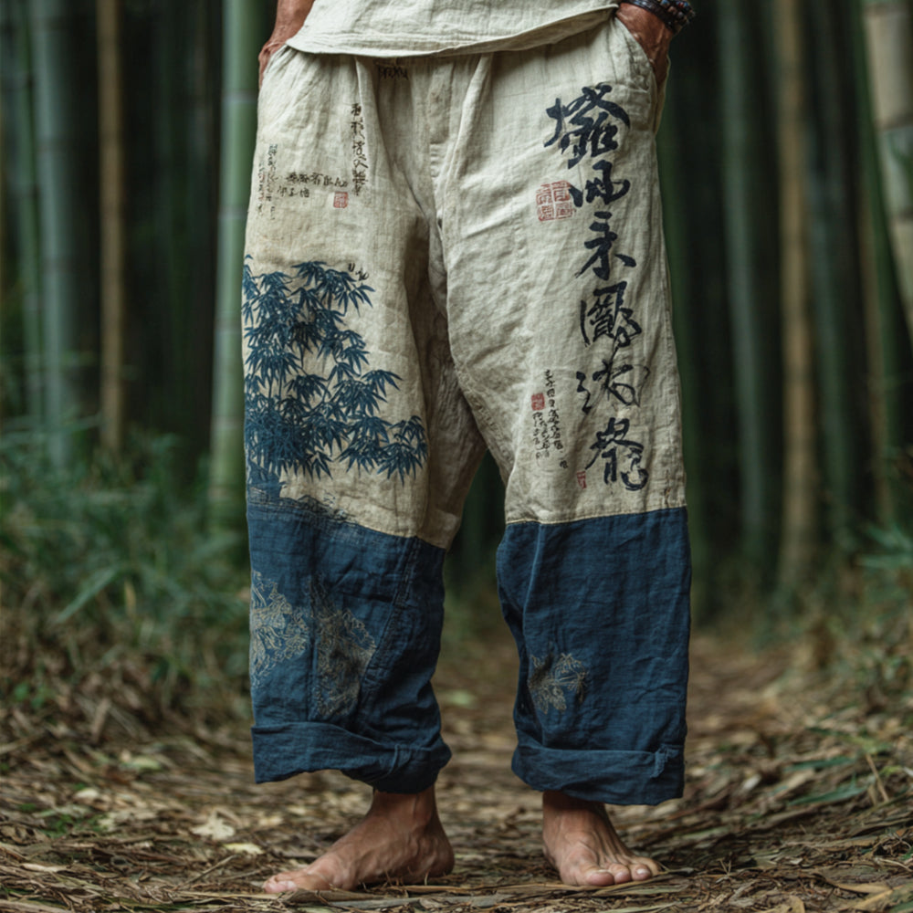 Japanese Art Bamboo Forest Art Spliced Cotton Linen Trousers