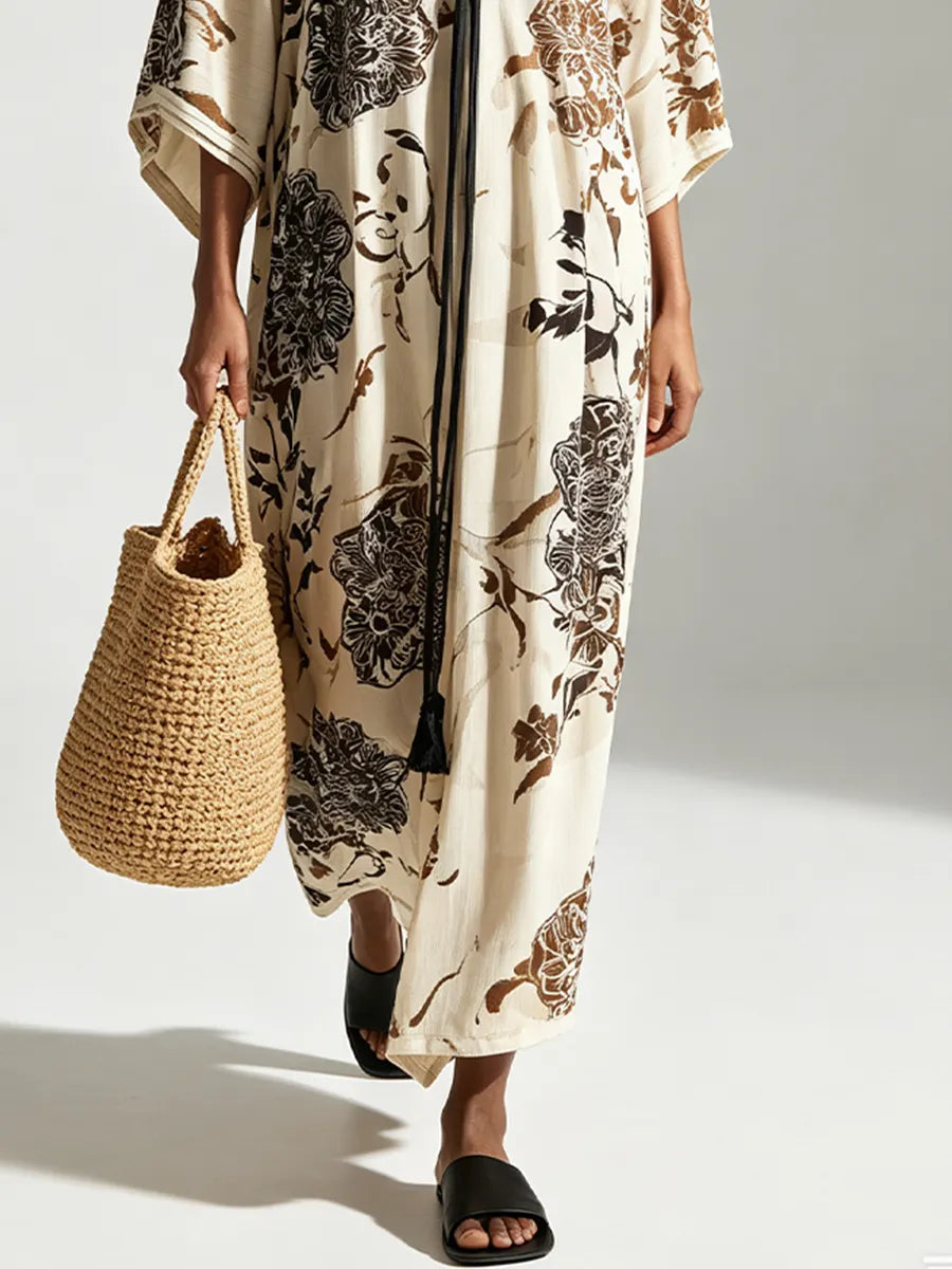 Resort-Style Straight-Cut Slimming Printed Kimono-Sleeved Maxi Dress