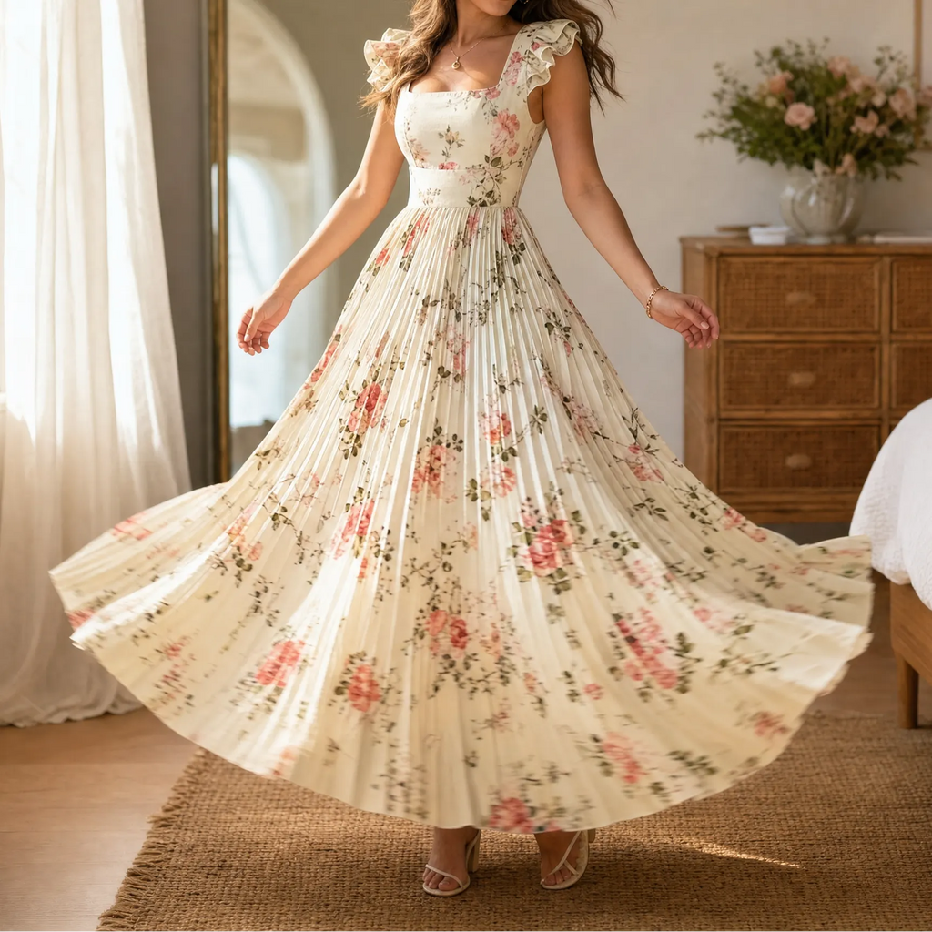 Florelle – Women's Square-Neck Floral Pleated Maxi Dress