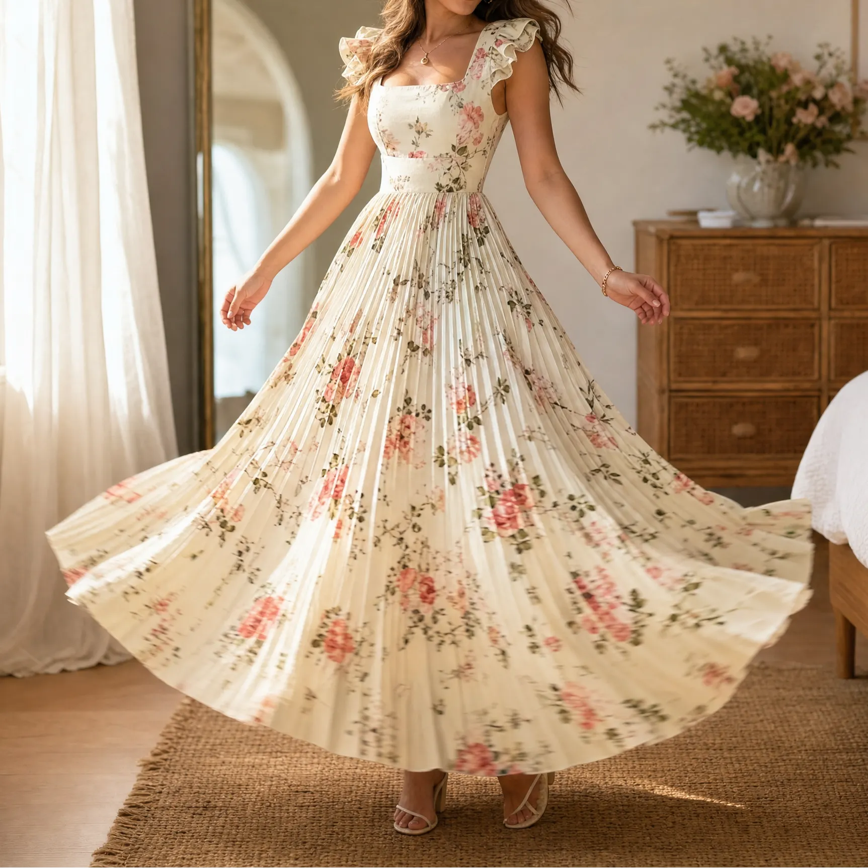 Florelle – Women's Square-Neck Floral Pleated Maxi Dress