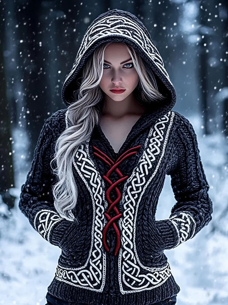 Women's Viking Celtic Knot Jacquard Knit Hooded Sweater