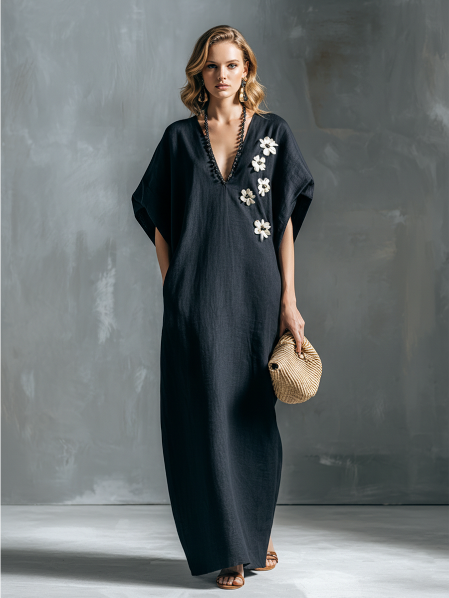 Women's Black Cotton Linen White Floral V-Neck Long Kaftan Dress MDZ2812B7BA