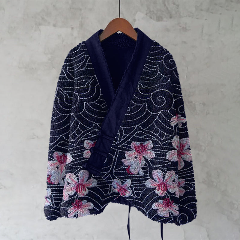 Japanese Cherry Blossom Line Embroidery Print Women'S Kimono Cardigan